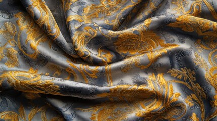 Elegant Satin Fabric with Intricate Gold and Silver Floral Patterns