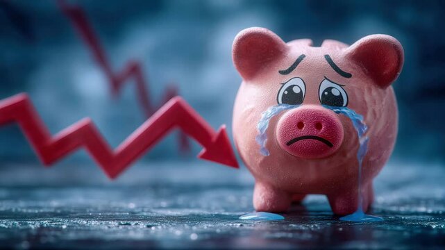 A sad piggy bank with tears sits beside a red downward arrow, symbolizing financial loss or economic decline.