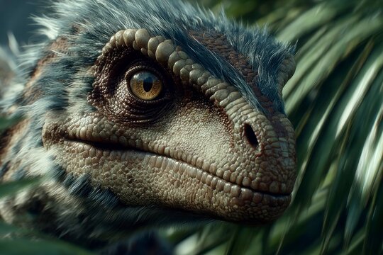 Closeup of a feathered dinosaur prehistoric animal ancient reptile Jurassic creature wildl
