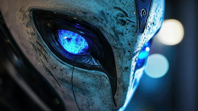Alien with glowing blue eyes and advanced technology. Inspired by science fiction.
