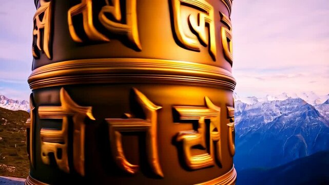 Close-up of a golden prayer wheel with engraved script against a mountainous alpine backdrop at dusk.