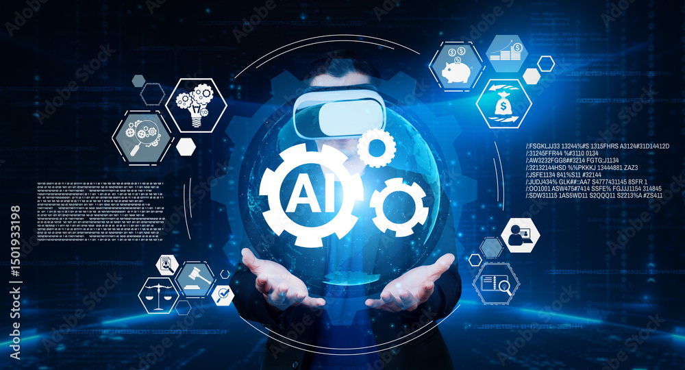 Poster smart businessman wearing suit and vr goggle while using ai assistance planning plan. project manage