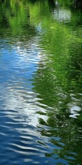 Fototapeta premium Water reflects green trees and blue sky in a natural setting