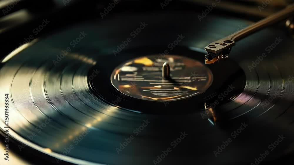 Poster a vintage-style turntable with a record placed on top, ideal for use in designs related to music, no