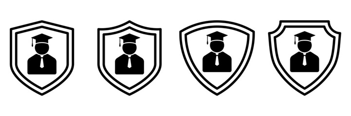 Graduation Security Shield Icon Set. Academic Protection Symbol of Student Safety in Education, Silhouette Graduate Figure in Badge Emblem for Learning, School, Knowledge, Online Education Concepts