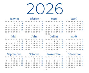 Calendar for 2026 in French. Week starts on Monday
