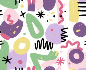 Seamless abstract doodle pattern with modern style, featuring colored shapes, scribbles, splashes, and dots. Repeating flat vector texture ideal for fabric, textile, or wallpaper background design.
