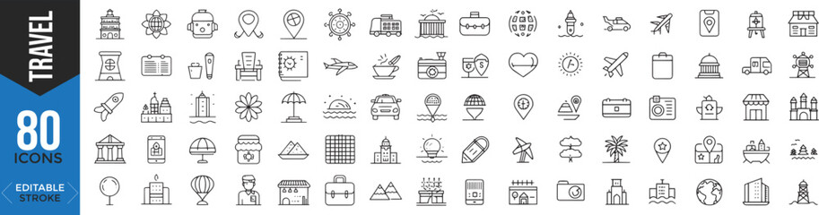 Travel and Tourism Web Icons Set – Thin Line Icons for Vacation, Hotel, Airport & Holiday Trips

