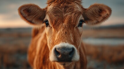 A gentle-eyed cow with a clean coat on a softly blurred golden Eid ul Adha background