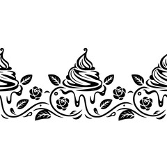 Black & White Cupcake Floral Border, Decorative Design