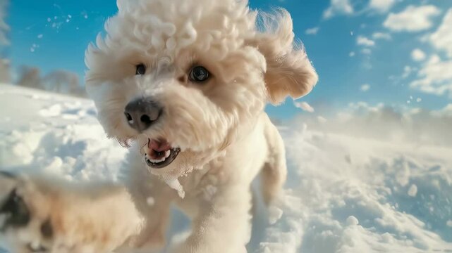 White curly-haired bichon frise dog mid-jump through snowy landscape. Bright blue sky, flying snow particles. Dynamic motion captures canine energy and playfulness.