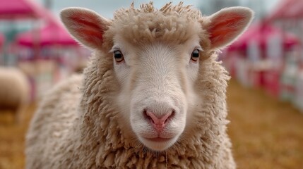 A well-groomed sheep with a woolly coat standing elegantly on a blurred Eid ul Adha celebration scene