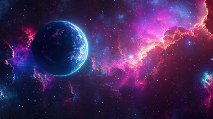 Obraz premium Vibrant Cosmic Scene with Planet and Colorful Nebula in Space