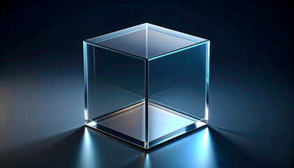 Transparent Glass Cube on Dark Background with Blue Lighting