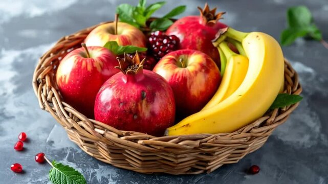 Colorful Fruit Basket With Apples, Bananas, And Pomegranates
