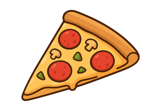 Cartoon pepperoni pizza slice melting with cheese, topped with mushrooms and green peppers, floating against transparent backdrop