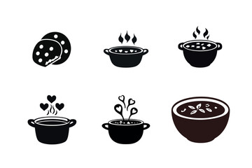 Food icons set soup and cookies in black and white
