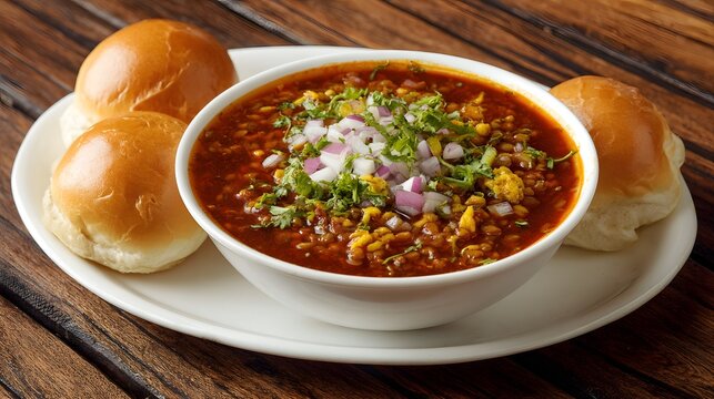 Delicious misal pav, a flavorful indian street food, served with fresh garnish and bread rolls.