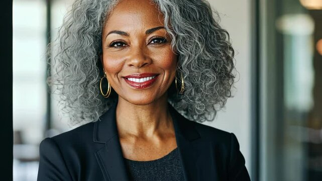 A smiling, confident businesswoman in a professional dress suit. This  s a moment of success and achievement.