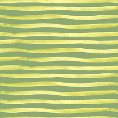 Hand drawn green yellow striped pattern on a dark green background. Watercolor Seamless texture from horizontal Brush Strokes, Lines. For textile, packaging paper prints.