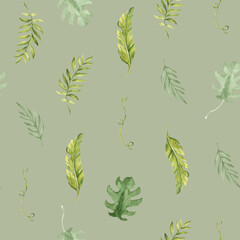 Tropical Leaves Seamless Pattern on a dark green background. Palm, Eucalyptus and Monstera with Liana. Watercolor Hand drawn botanical illustration. For packaging paper and textile prints.