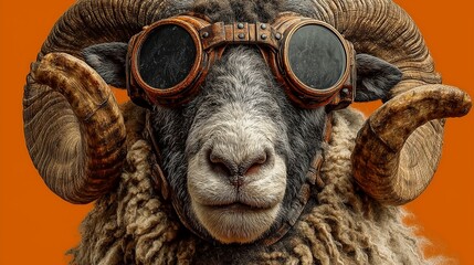 Ram with steampunk goggles and mechanical horns on orange background, creative Eid sacrifice animal