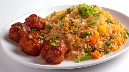 Fototapeta premium A beautifully presented plate of glazed meatballs and vibrant fried rice, ready to enjoy.
