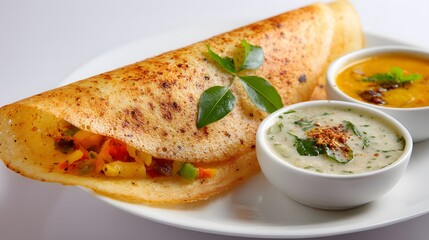 Close-up of a crispy dosa filled with vegetables, served with flavorful chutneys and sambar.