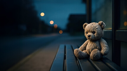Close Up of Small Child's Toy Left Abandoned on Empty Bus Stop Bench with City Lights at Dusk in Blurred Background 