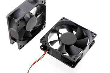 Two vector computer fans on isolated white background, close-up.