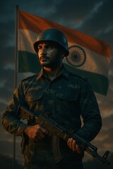 Obraz premium A proud indian soldier stands guard with a rifle, silhouetted against the vibrant backdrop of the indian flag, embodying valor and dedication.
