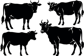4 different different cows silhouette set