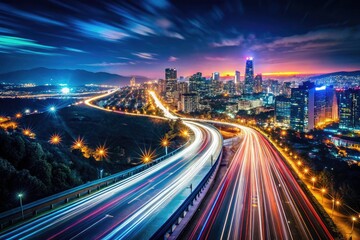 Obraz premium Dark Night Lightscapes: Urban Exploration Photography, Glowing City Streets, Night Photography, Illuminated Cityscapes, Nighttime Lights, Dark City, City at Night, Night Scene