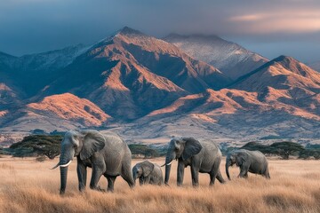 Elephants Grazing in a Serene Landscape with Majestic Mountains and Golden Grasslands