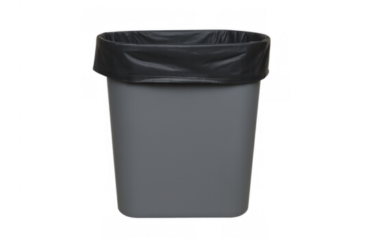 Gray trash bin with a black liner, isolated on a transparent background. Ideal for waste disposal and recycling concepts