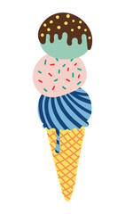 Ice cream, gelato, frozen yogurt in wafer cone hand drawn illustration, isolated vector on transparent. Flat style design. Birthday celebration, festival, carnival, party, summer clip art, element