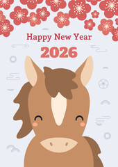 2026 Chinese Lunar New Year cute cartoon horse, plum blossoms, abstract elements, typography. Flat vector illustration. Zodiac sign, animal character. CNY, Seollal, Tet holiday elements, card, banner