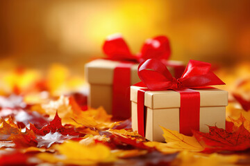 Fototapeta premium Colorful autumn leaves surround two festive gift boxes with red ribbons