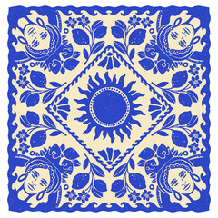 Italy lemon bandana print, hand drawn vintage Amalfi summer square decorative tile, lemon silhouette. Traditional retro blue Mediterranean handkerchief design, sun sign. Italy bandana fashion blanket