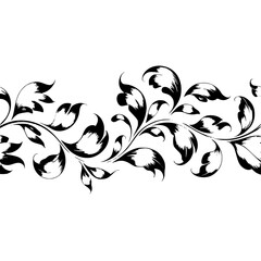 Elegant Monochrome Floral Border: Detailed Leaves, Ink Illustration