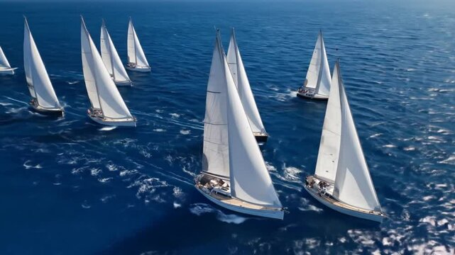 Aerial View Of Sailing Boats Race In Deep Blue Ocean
