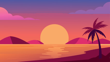 Vector ocean sunset scenery. Colorful tropical beach landscape