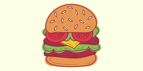 Doodle Burger design. Colorful Hand drawn vector illustration for cards, business, banners, textile, wallpaper, wrapping in orange, yellow, green and red colours. Isolated on beige background