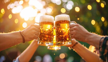 Cheers to friendship celebrating in nature with beer outdoor gathering festive atmosphere close-up view