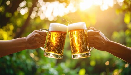 Cheers and celebration friends toasting with beer in a lush garden outdoor gathering warm sunshine joyful moments