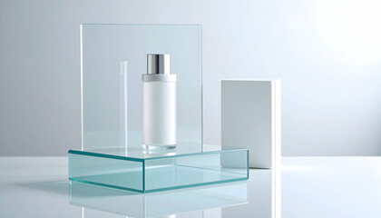 White Cosmetic Bottle on Glass Display with Minimalist Design