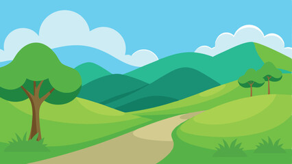 Obraz premium Beautiful rural landscape with meadows and fields, trees and hills, houses against a background of blue sky and white clouds. Pasture grass for cows