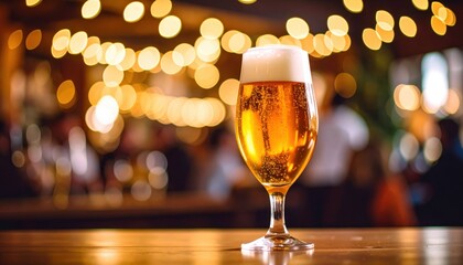 Celebratory beer toast lively pub atmosphere beverage photography warm lighting close-up view social concept