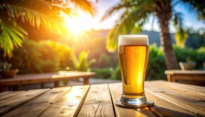 Refreshing beer in sunset garden outdoor scene relaxing atmosphere tropical vibe golden hour glow