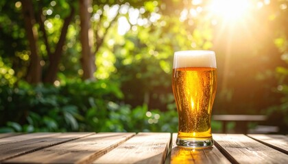 Refreshing beer in a sunlit garden setting outdoor photography nature vibes warm atmosphere